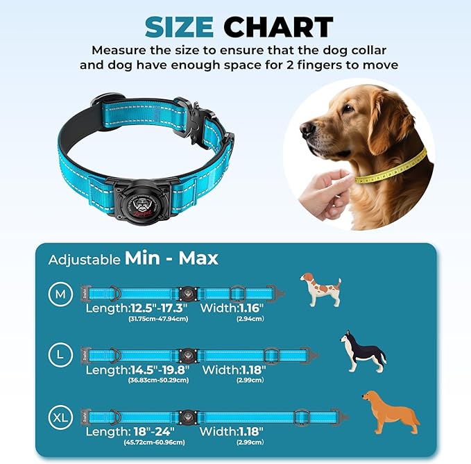 2025 Upgrade Airtag Dog Collar, Reflective Dog Collar with Airtag Holder, IP68 Waterproof| Metal Buckle| Ultra-Durable| Comfortable Padded, GPS Dog Collars for Medium Large Dogs (Blue,M)