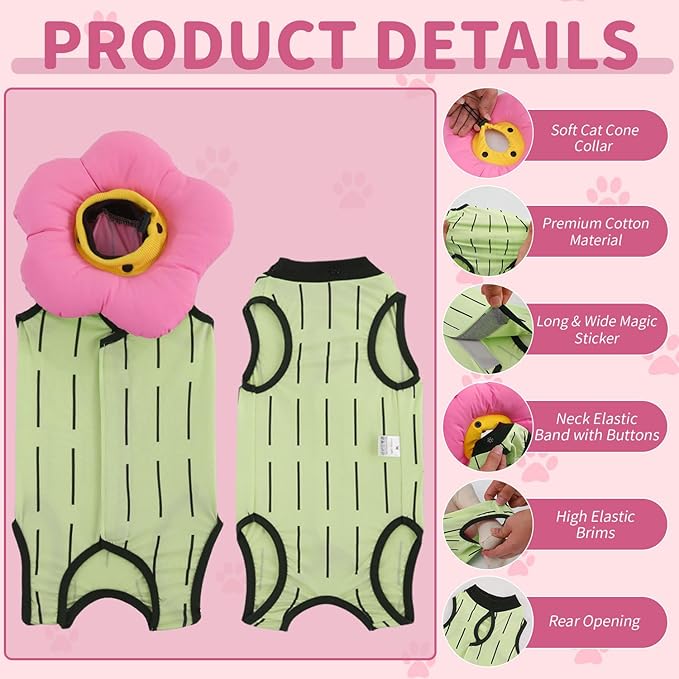 EMUST 2PCS Cat Recovery Suit and Cone Collar - Breathable Spay Suit, Adjustable Soft E Collar Alternative for Cats After Surgery - Green, L (8-16lb)