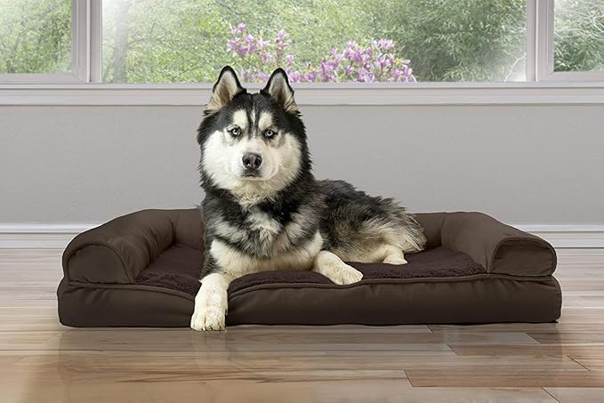 Furhaven Cooling Gel Dog Bed for Large Dogs w/ Removable Bolsters & Washable Cover, For Dogs Up to 95 lbs - Plush & Suede Sofa - Espresso, Jumbo/XL