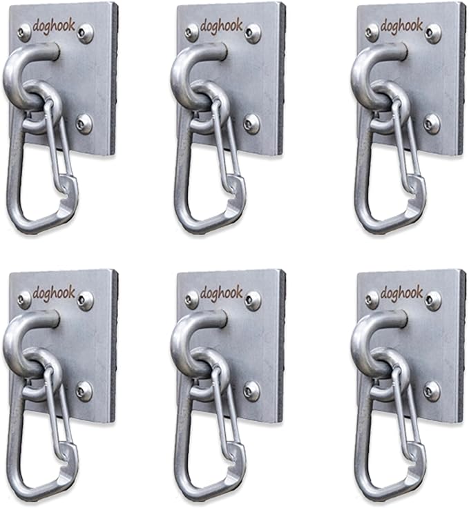 Canine Hitch- Secure Dog Leash Parking Wall Large Hook with Clip 6 Pack - Tie Out Stainless Steel & ABS Mounting Plate for Strength - Practical Lead Management for Home & Business
