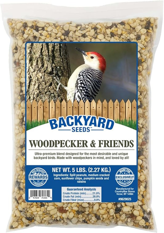 CountryMax Backyard Seeds Woodpecker No Waste Bird Seed Mix – 5 lb Bag | Shelled Peanuts, Sunflower Chips, Tree Nuts | Attracts Woodpeckers, Nuthatches, Jays