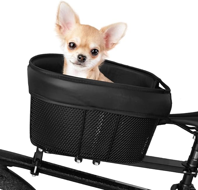 Dog Bike Basket Mountain Bike Shopping Basket Portable Cat and Dog Carrier for Bike Front Crossbar with Sponge Liner ty Strap (Black)