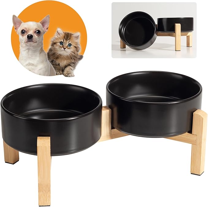 Elevated Ceramic Dog Bowl Set - Raised Feeding Bowls with Non-Slip Bamboo Stand - Small Pet Dishes for Food and Water - Ideal for Cats and Puppies - 16.23 OZ - 2 Cups - 480 ML