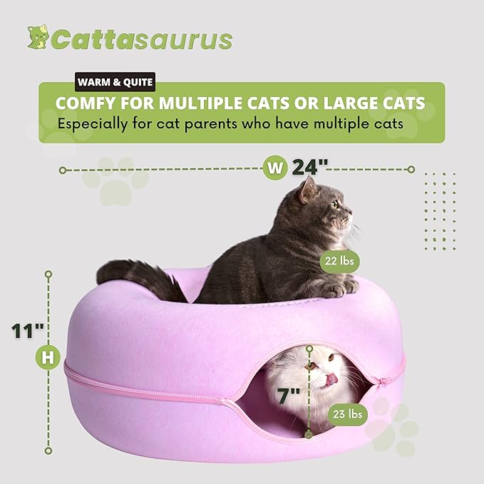 Cattasaurus Peekaboo Cat Cave for Multiple & Large Cats Up to 30-45 Lbs, Scratch Detachable & Washable Tunnel Bed, Comfy Donut Cat Cave (Pink, Large)