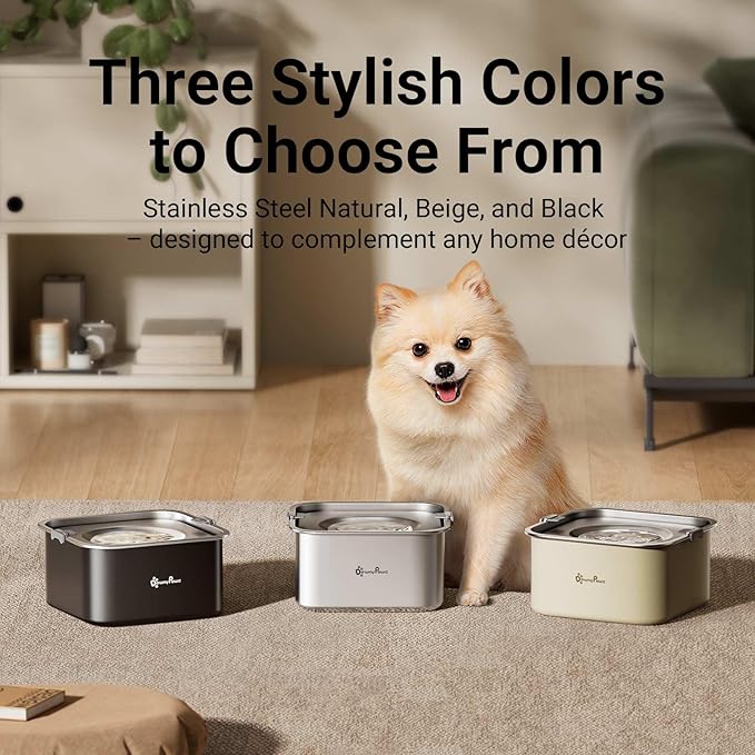 DownyPaws No Spill Water Bowl for Dogs,101oz/3L Slobber Stopper Stainless Steel, Slow Drinking Dog Water Bowl, No Mess Dog Water Dispenser Spill Proof, Dishwasher Safe, Beige