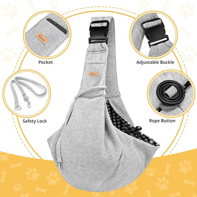 CUBY Dog and Cat Sling Carrier, Hands Free Reversible Pet Papoose Bag, Soft Pouch Adjustable, Suitable for Puppy Cats for Outdoor Travel (Grey, M-Adjustable Strap)