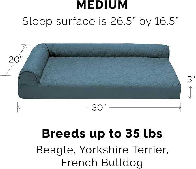 Furhaven Cooling Gel Dog Bed for Medium/Small Dogs w/ Removable Bolsters & Washable Cover, For Dogs Up to 35 lbs - Pinsonic Quilted Paw L Shaped Chaise - Bluestone, Medium