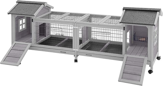 Aivituvin Rabbit Hutch Bunny Cage with Double House and Run Indoor Outdoor Guinea Pig House with Deeper No Leak Trays and Wheels