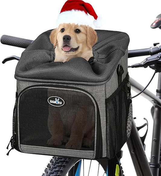 Dog Bike Basket Carrier, Pet Bicycle Front Carrier Backpack for Bike Riding Foldable Removable, Reflective Strips, 2 Side Storage Pockets, Pet Travel Bag for Cats Small Dogs