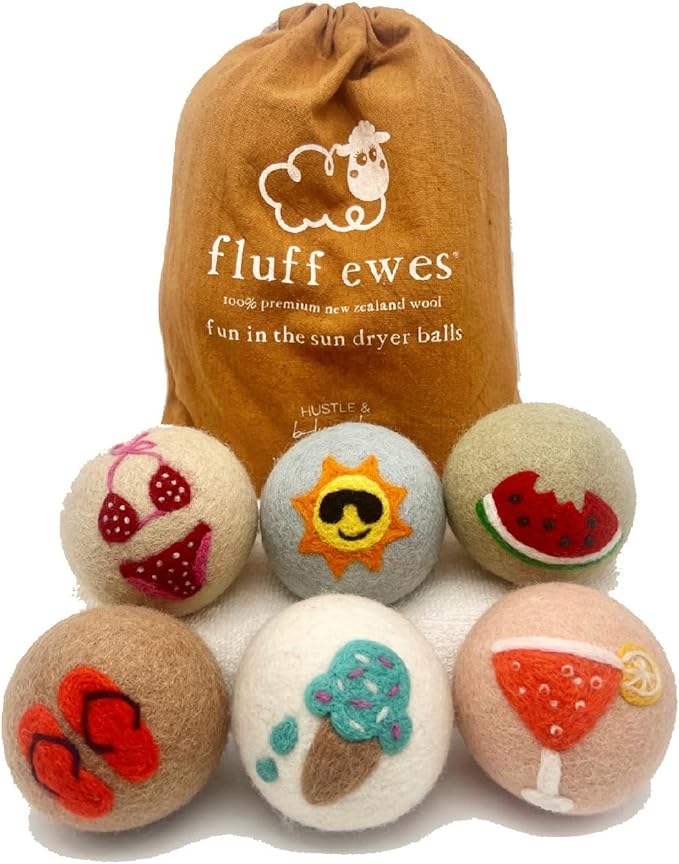 Fluff Ewes Wool Dryer Balls 6 Pack Premium New Zealand Wool Laundry Balls for Dryer, No Static Dryer Balls Laundry Reusable, XL Wool Dryer Balls Cute, Baby Dryer Balls for Dryers - Fun in The Sun