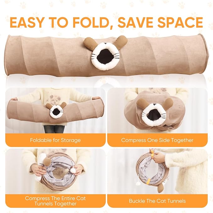 Collapsible Cat Tunnel Straight Tube for Indoor Cats & Kittens Large Foldable Play Cave Toy with Hanging Ball & Peek Hole,Ideal for Rabbits, Ferrets, Puppies & Small Pets
