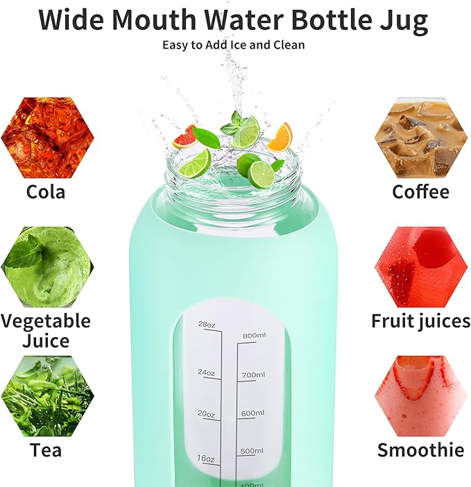 32 oz Glass Water Bottle with Straw and Handle, Sports Motivational Water Flask with Silicone Sleeve, Large Leakproof Water Flask Cup with Time Marker for Travel, Gym, Dark Blue