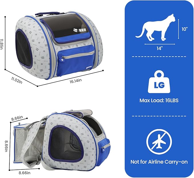 Cat and Dog Backpack Carrier, Foldable Breathable Pet Carrier Backpack with Mesh Ventilation, Large Portable Outing Traveling Pet Bag for Small, Medium Cats, Small Dogs, Blue