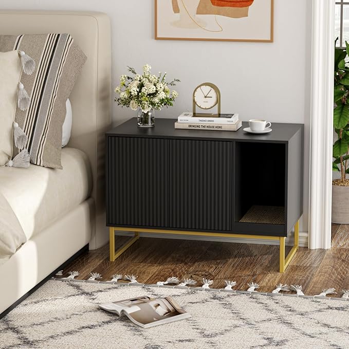 Cat Litter Box Enclosure, Fluted Hidden Litter Box Furniture with Scratch Pad and Metal Legs, Modern Enclosed Cat Cabinet, 31.5 x 17.7 x 21.7 Inches Indoor Pet House for Living Room, Washroom, Black