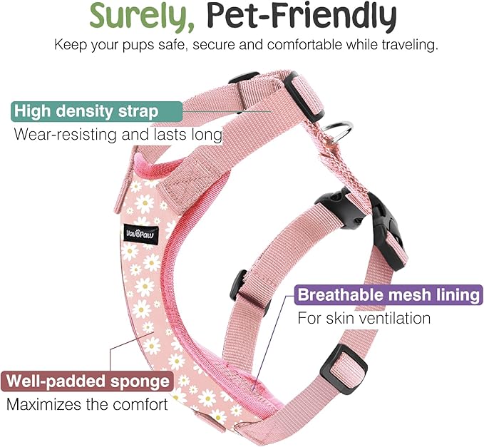 Dog Seat Belt, Safety Vest Dog Car Harness with Adjustable Buckle Dog Seat Belt for Vehicle Nylon Pet Safety Seat Belts Heavy Duty(L, Pink Daisy)