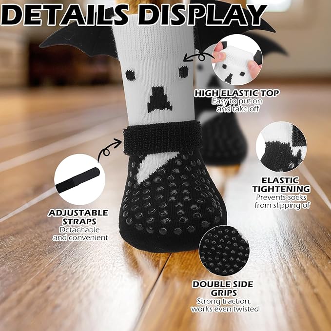 EXPAWLORER Halloween Anti Slip Dog Socks to Prevent Licking Paws, Boots & Paw Protectors with Grippers,Doggie Booties for Hardwood Floors for Small Medium Large Senior Dogs Costume White Ghost Wings L