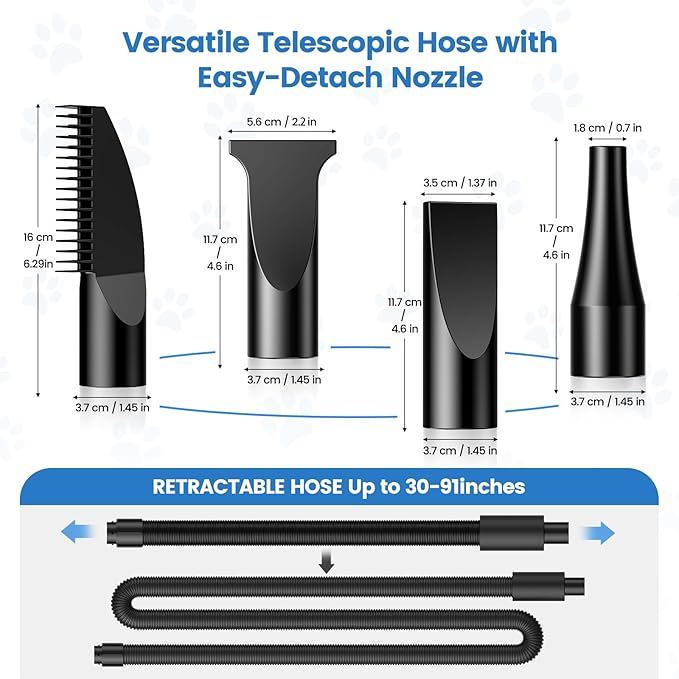 Dog Dryer, 5.2HP/3800W High Velocity Dog Hair Dryer with 4 Nozzles, Stepless Adjustable Speed & Temperature Control, Low Noise Professional Dog Grooming Dryer (Blue)