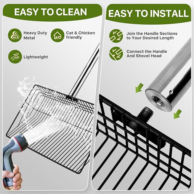 Chicken Poop Scooper with Long Handle- Coop Scoop with 24-68" Adjustable Stainless Handle, 4-in-1 Sifter Shovel for Poultry Waste Cleaning Accessories (Black)