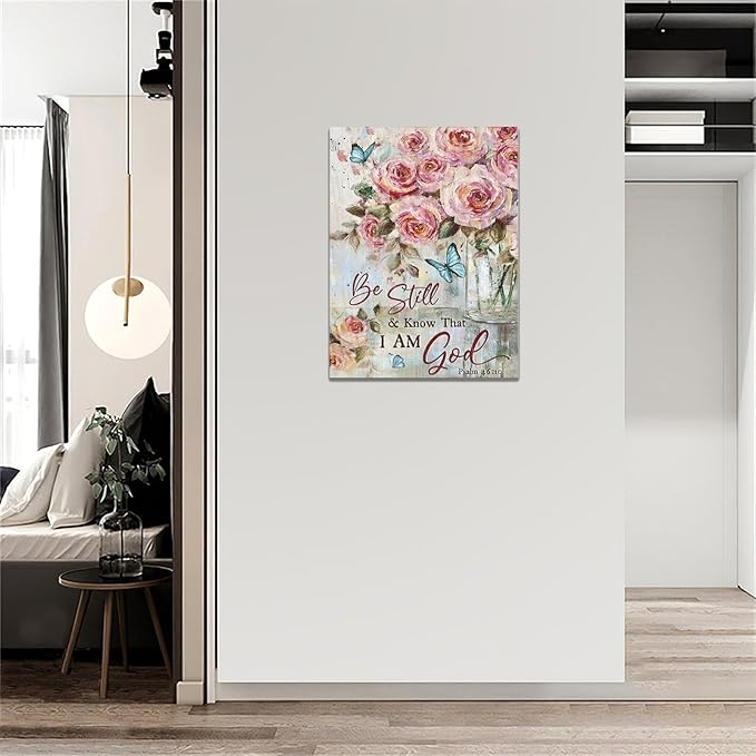 Farmhouse Rose Wall Art Christian Scripture Pictures Pink Rose Wall Decor Rustic Floral Butterfly Canvas Print Painting Artwork for Bathroom Living Room Bedroom 12"x16"