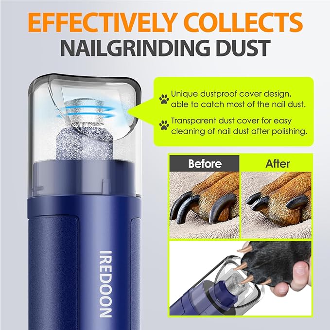 Dog Nail Grinder Upgraded - Professional 3-Speed Super Quiet and Low Vibration Electric Pet Nail Grinder with 4 LED Lights - Painless Paws Grooming & Smoothing for Small to Large Dogs (Blue)