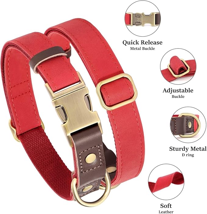 Didog Soft PU Leather Dog Collars for Medium Dogs,Classic Adjustable Dog Collars with Quick Release Metal Buckle,Easy Clean and Comfortable with Nylon Lining,Red,M Neck 13-19"