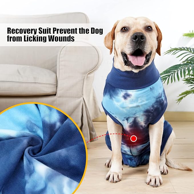 Dogs Onesie Suit for Male/Female Breathable Dog Recovery Tie Dye Pjs Wound After Surgery Wear, Prevent Licking Wounds, E-Collar & Cone Alternatives XL Blue2
