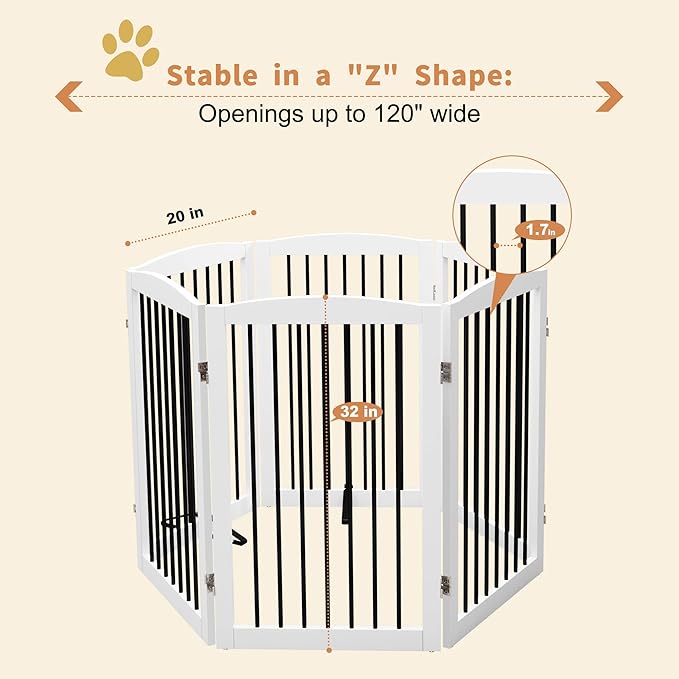 Freestanding Pet Gate for Dogs, Indoor Wooden Foldable Dog Gate for House, Extra Wide, Pet Fence for Stairs, Doorways, Halls, Support Feet Included, 120 Inch Wide, 6 Panels 32",White