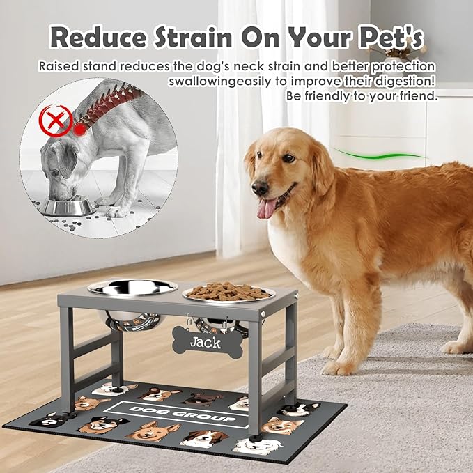 Elevated Dog Bowls, 10" Tall Height, Raised Bowl Stand with 2 Stainless Steel Food Feeder Bowls (58oz) and Spill-Proof Mat for Medium Large and Small Breeds, Grey