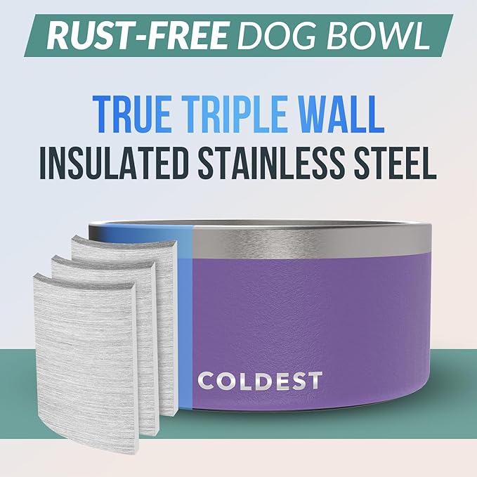 Coldest Dog Bowl - Anti Rust Metal, Non Slip, 3 Layers Insulated Stainless Steel Dog Bowls - Spill Proof & Heavy Duty - Water Bowl for Dogs, Cats & Pets, Dish Washer Safe (200 oz, Galaxy Purple)
