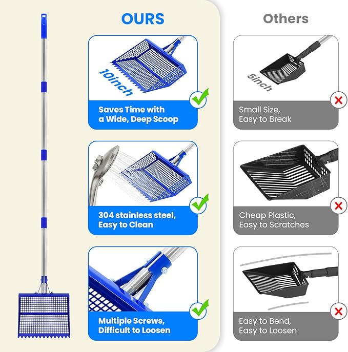 Chicken Poop Scooper Rake 2-in-1, Metal Shovel Head Chicken Coop Accessories, Adjustable 304 Stainless Steel Handle, Litter Scooper Sand Sifting for Chicken Coops Small Farm Animals(36" to 62")