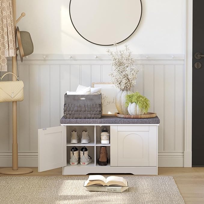DINZI LVJ Shoe Bench, Entryway Storage Bench with Doors, Cushion, 2-Tier Shoe Rack with 6-Cubby, 31.5”L x 13.8”W Shoe Organizer Cabinet, Adjustable Shelf, Living Room, Bedroom, White