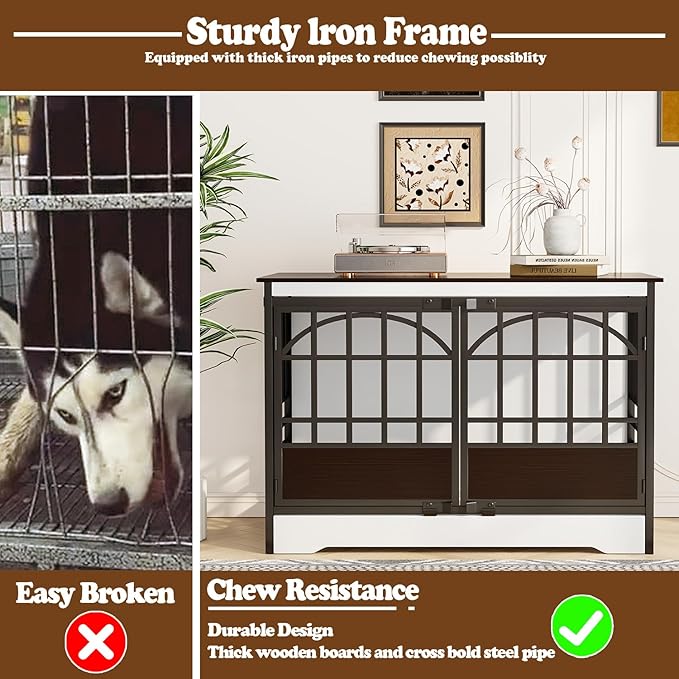 COZPAW 52 Inch Dog Crate Furniture, Extra Large Dog Kennel Indoor for XLarge Breed, Heavy Duty Dog Cage with Double Elegant Arched Doors, Decorate as TV Stand & End Table - White Brown