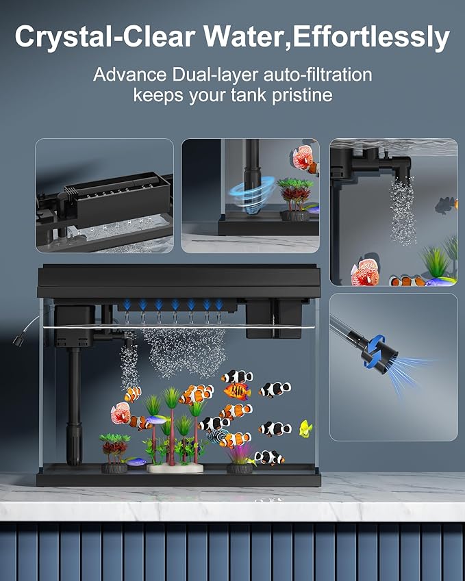 Fish Tank Aquarium Kit, 2.38 Gallon Beta Fish Aquariums, UHD Glass,Temperature Sensing, 7-Color Lighting Small Fish Tank for Kids/Desktop Decor