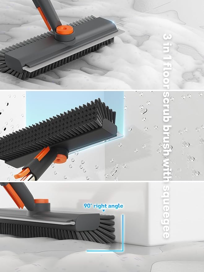 Floor Scrub Brush with Long Handle, 3 in 1 Multi-angle Swivel Right Angled Bristle Floor Scrubber Brush with Squeegee and Tweezer for Cleaning Tile Wall Deck Bathroom Patio Garage Kitchen (Grey)