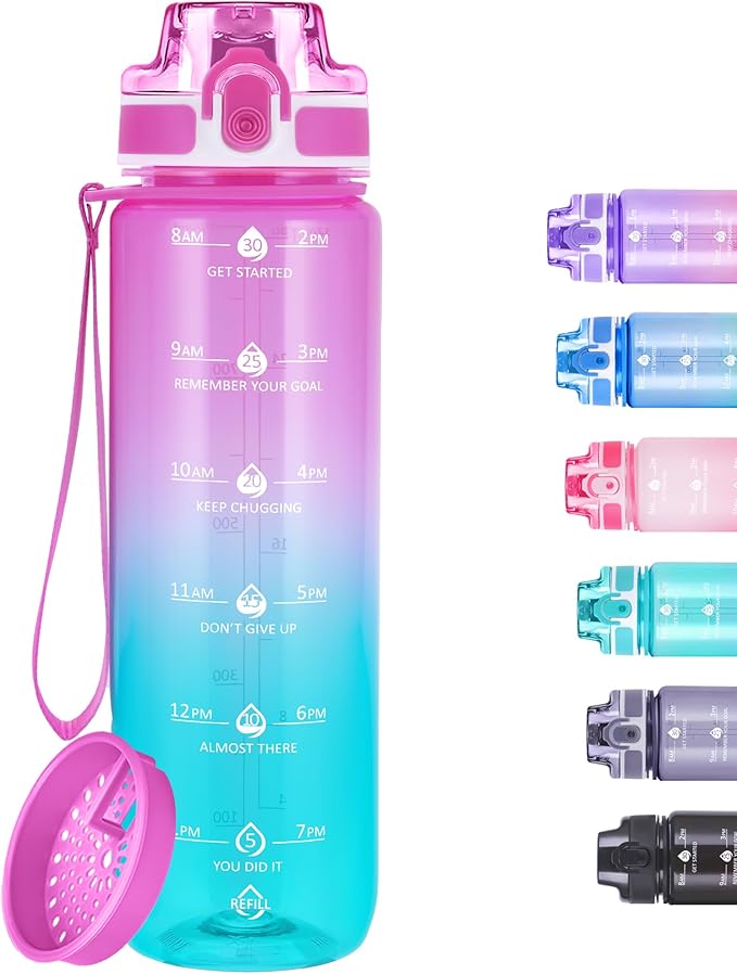 32oz Motivational Water Bottles with Time Marker & Fruit Strainer, Transparent Gradient Color Water Bottle with Times to Drink, Leakproof & BPA Free, Reusable Bottle with Strap (No Straw)
