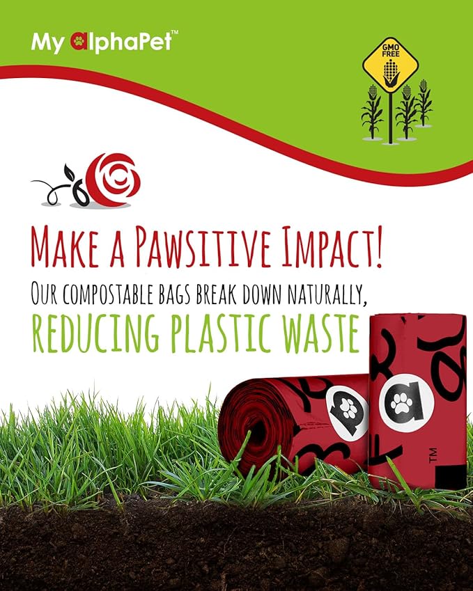 Compostable Dog Poop Bags, Cornstarch Eco-Friendly, HOME COMPOST NF T 51-800, 120 Count, Large Size Bag 9x13 Inches, 8 Unscented Refill Rolls, Leak-proof, Plantbased, GM-Free Corn (Red)