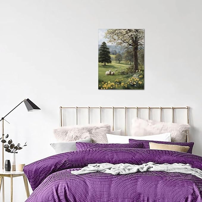 Country Sheep Canvas Wall Decor Farmhouse Rustic Lamb Wildflower Wall Art Nature Countryside Landscape Pictures Painting Print Framed Artwork Decorations for Bathroom Living Room Bedroom 12"x16"