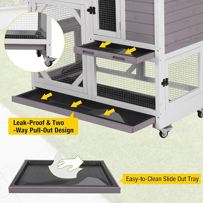 AIVITUVIN 2-Story Rabbit Hutch Indoor for 2-4 Rabbits & Guinea Pigs Wooden Small Animal Cage Guinea with Chew-Proof Design & Slide-Out Trays Bunny Cage with Lockable Wheels