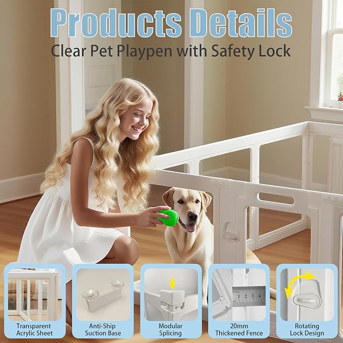 Clear Acrylic Dog Playpen Transparent Dog Playpens Indoor, Small Pet Play Pen for Small Dogs, Puppies, Cats & Rabbits, Assemble & Disassemble, with Door & Suction Cups (23.6" H, 8PCS),White