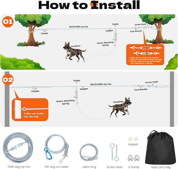 100ft Dog Runner for Yard Large Dog Heavy Duty with Double Shock Absorbers Tangle-Free Aerial Trolley System for Large Dogs Up to 250lbs(Silver)