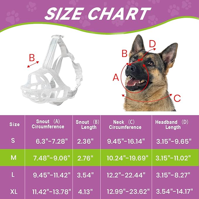 Glow-in-The-Dark Dog Muzzle, Basket Muzzle for Small Medium Large Dogs,Anti-Biting Chewing, Lightweight Cage Design,Allows Drinking & Panting,for Grooming & Training (Transparent Size M)