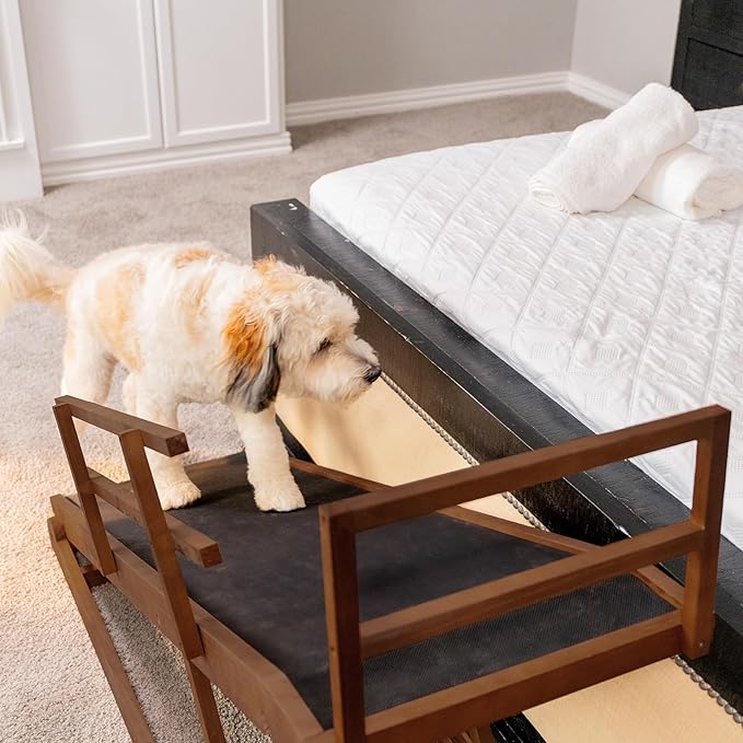 Dog Ramp for Bed, Adjustable Pet Ramps for Dog to Get on Bed, Non-Slip Rubber Surface - Folding Wooden Dog Ramp for Small/Large/Old Dogs, Adjustable up to 23.5 inch High Beds, Safety Railings