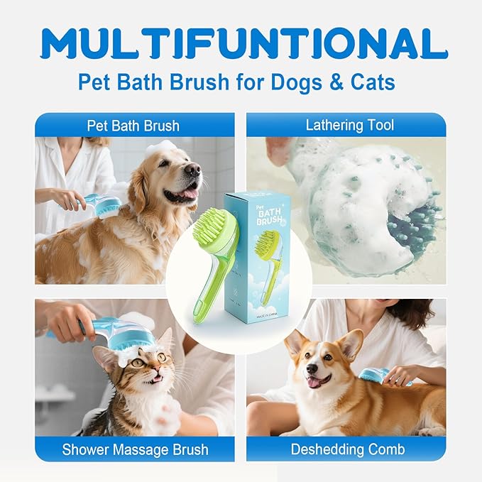 Dog Bath Brush, Silicone Pet Bath Brush with Soap Dispenser,Deep Cleansing & Gentle Massage for Dogs & Cats, Suitable for Long & Short Hair, Easy Grip, Bathing & Grooming(Green)