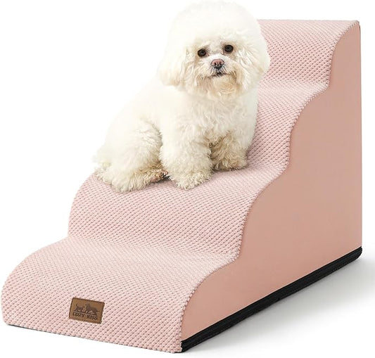 Dog Stairs for Small Dogs 19.7" H, Curved Dog Step for Puppy, Older or Cat, Medium Pet Ramp for Sofa, Couch or Bed, Ladder with High Density Foam, 15.7x28.3x19.7 inch, 4 Step, Pink