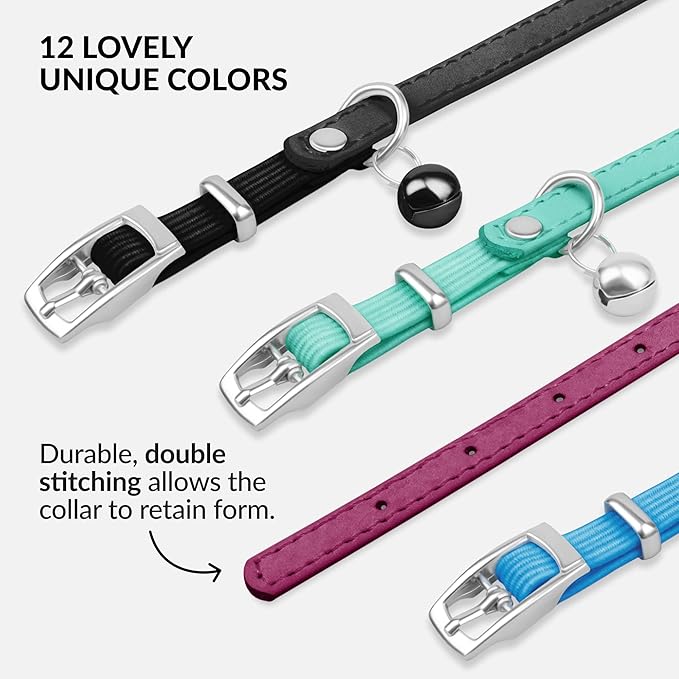 CollarDirect Leather Cat Collar with Bell - Kitten Collar, Small and Big Cat Strap for Boy Cats, Girl Cats with Safety Elastic Strap (Neck Fit 6"-7", Pink)