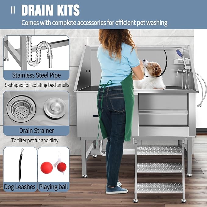 Dog Washing Station 38'' Stainless Steel Pet Grooming Tub for Large Dogs Over-Size Professional Dog Grooming Bathtub Station Wash Shower Sink Pet Grooming Bathtub Station