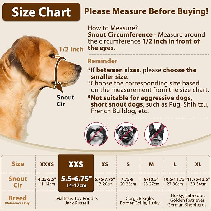 Crazy Felix Nylon Dog Muzzle for Small Medium Large Dogs, Air Mesh Breathable and Drinkable Pet Muzzle for Anti-Biting Anti-Barking Licking (XXS, Beige)