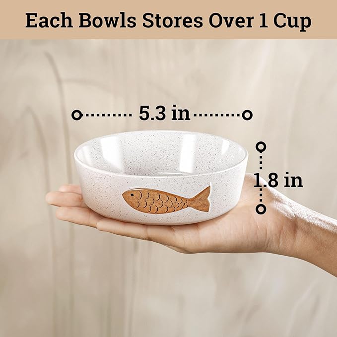 Ceramic Cat Bowls Whisker Friendly - Ceramic Cat Bowl Set of 2 Cute Designs with Anti-Slip Bases - Dishwasher & Microwave Safe Food and Water Bowls for Cats - Dishes for Cats - Kitten Food Bowl Set