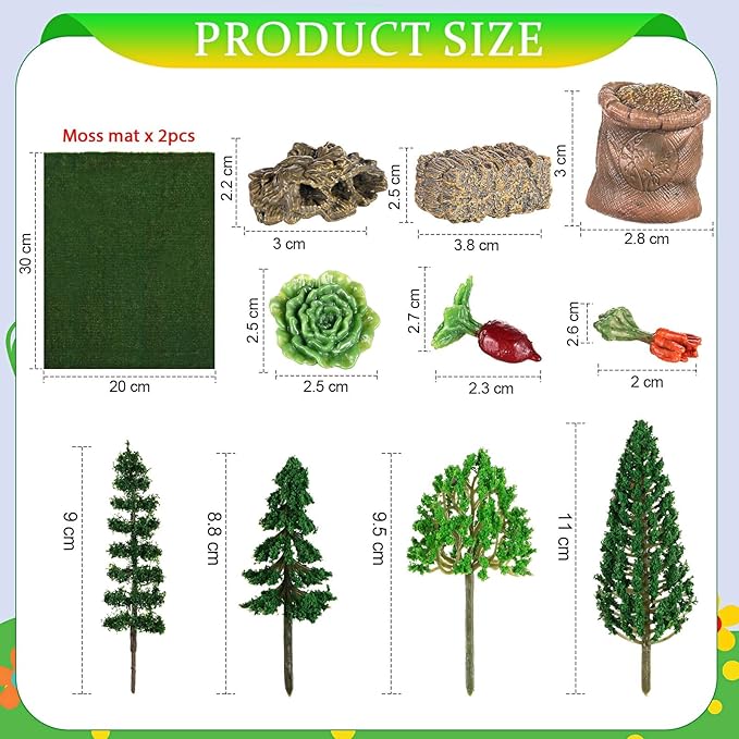 27 Pcs Farm Toys Set, 3 Little Farmer Figurines 9 Plastic Animals Figurines 10 Feed Food Fence Playset 4 Model Trees 1 Moss Mat Animal Farm Toys for Educational School Project Gift