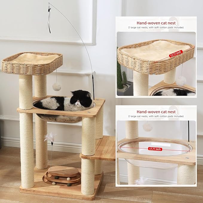 34 Inch Solid Wood Cat Tree Tower with Space Capsule, Hand-Woven Basket Nest, Feather Toy, Hanging Balls, Sisal Posts, 4-Tier Indoor Climbing Cat Tower for Kittens